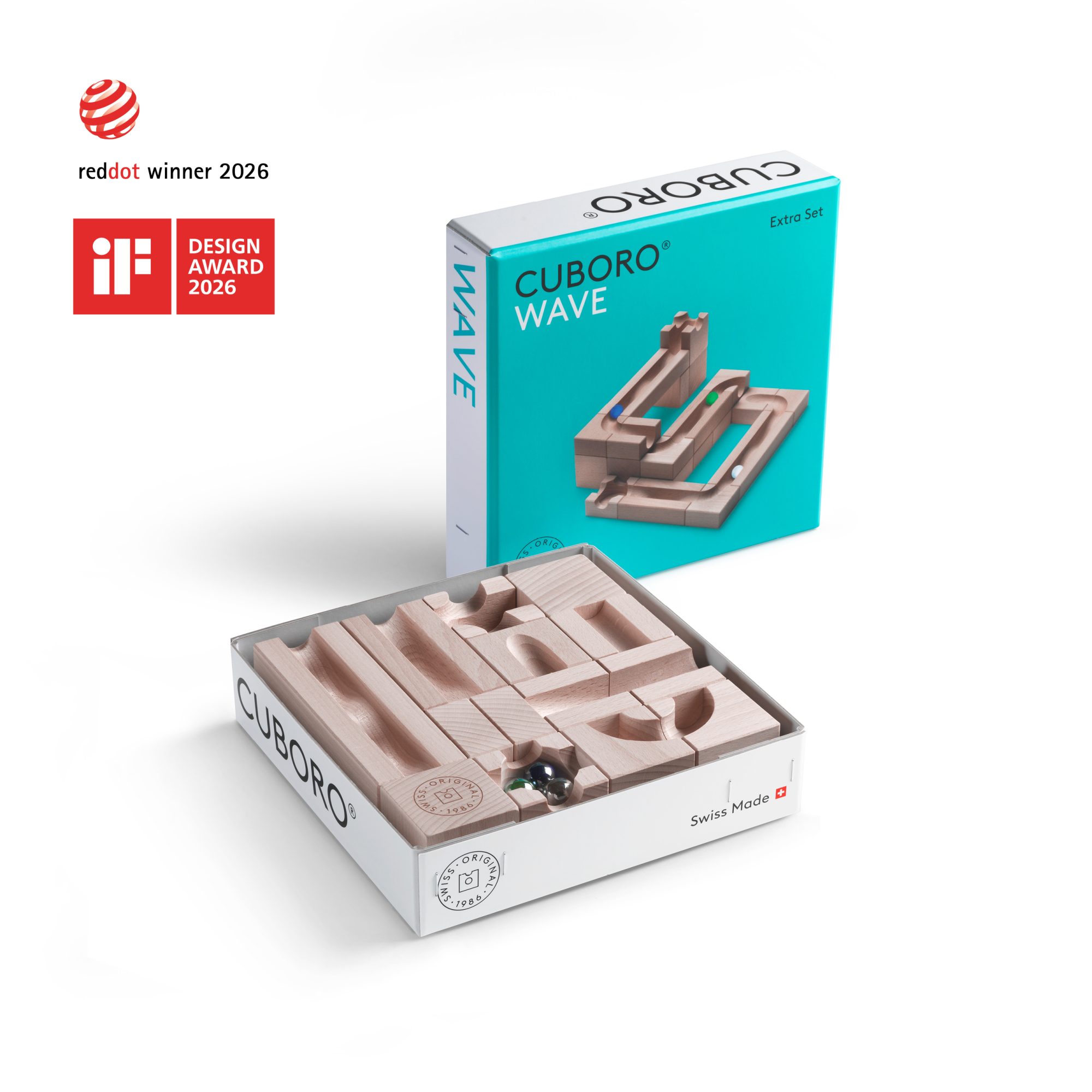 offenes Produkt von CUBORO WAVE mit den beiden Gewinner-Labels des Red Dot Award und IF Design Awards.